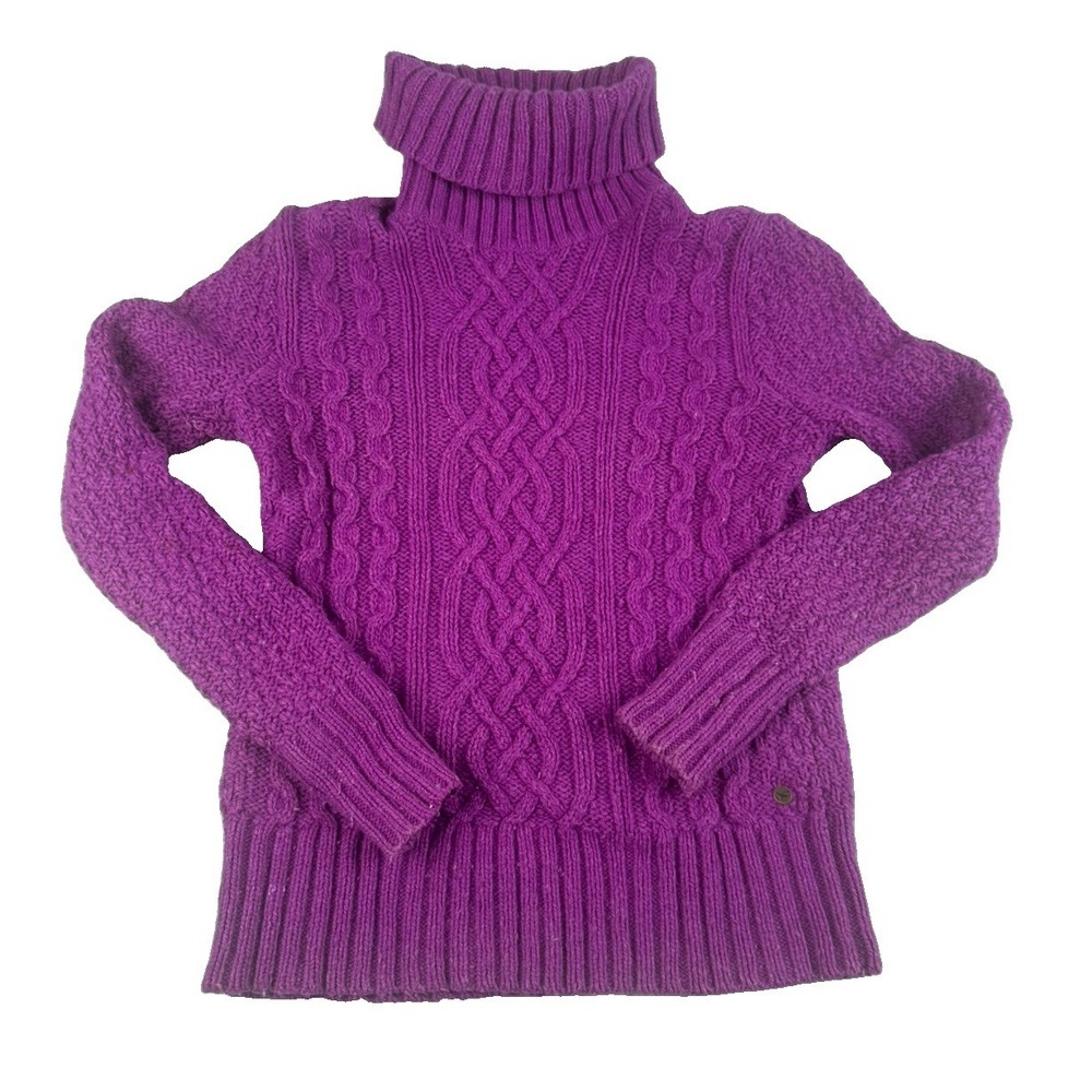 Eddie Bauer Womens TM Lambswool Sweater Purple Cable Knit Turtleneck Wool